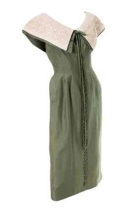 1950s Green Suzy Perette Vintage Dress Raw Silk Soutache Trim Collar