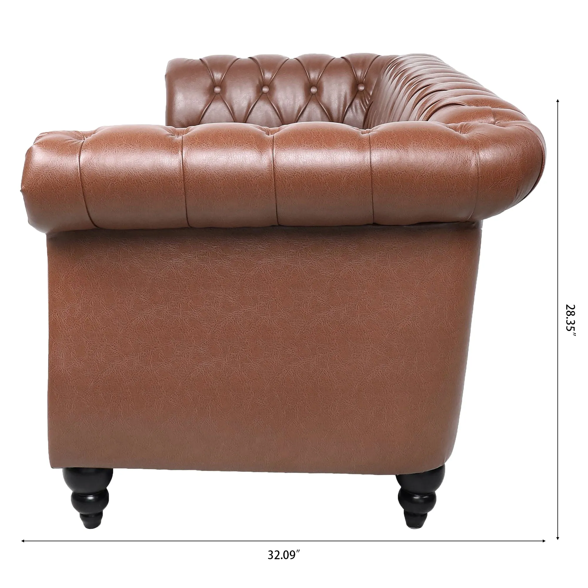 84.65"BROWN PU Rolled Arm Chesterfield Three Seater Sofa.