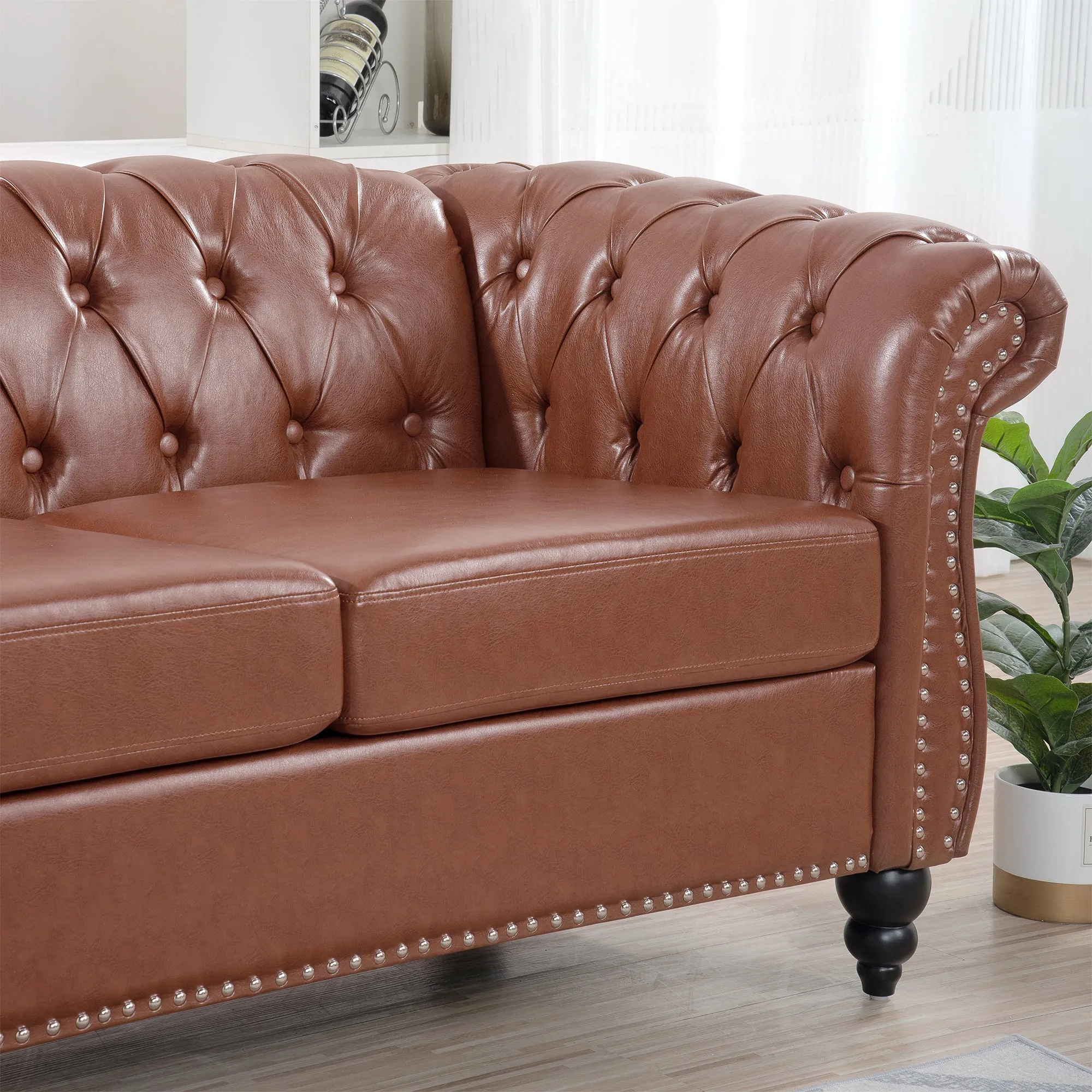 84.65"BROWN PU Rolled Arm Chesterfield Three Seater Sofa.