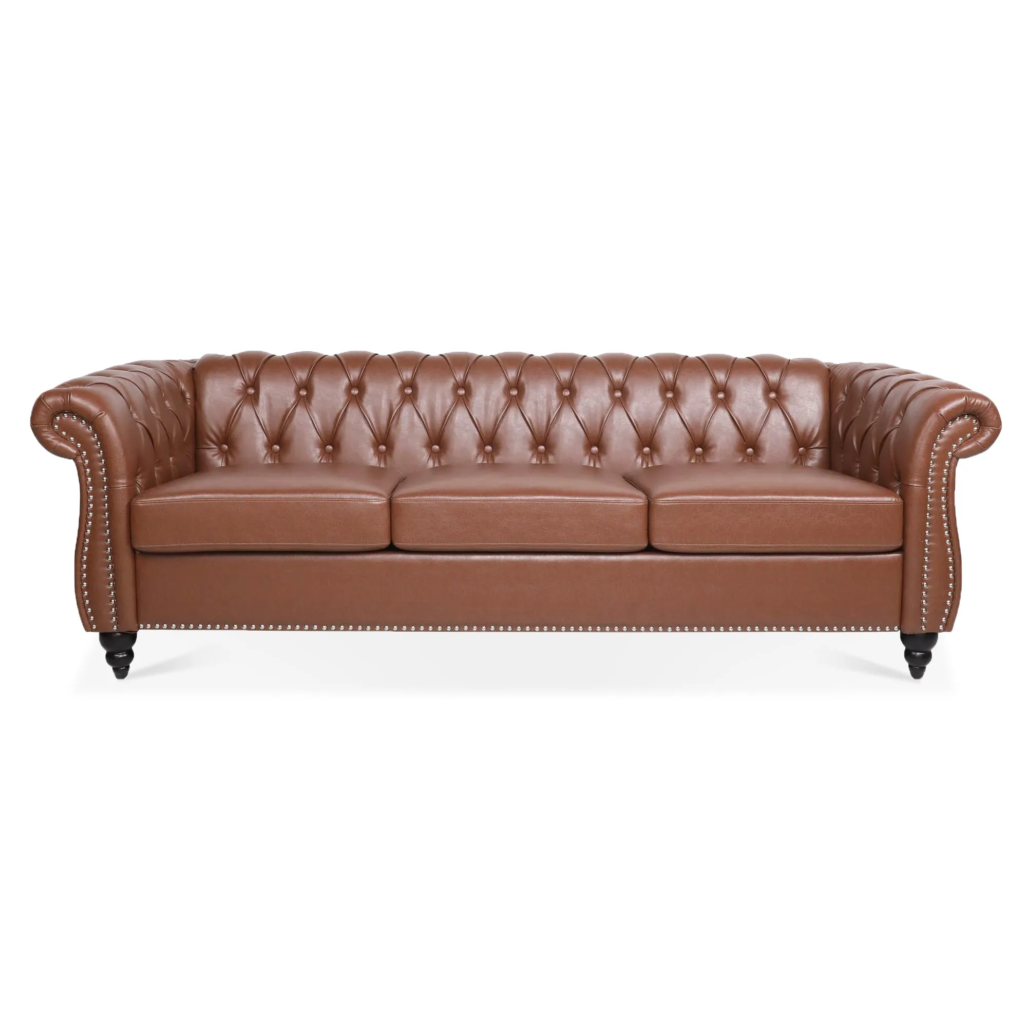 84.65"BROWN PU Rolled Arm Chesterfield Three Seater Sofa.