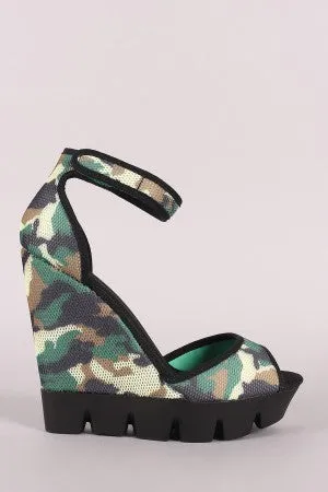 Bamboo Camouflage Mesh Lug Sole Platform Wedge