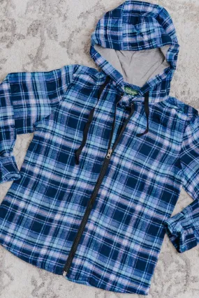 Country Living Plaid Long Sleeve Zip Up Hoodie in Blue