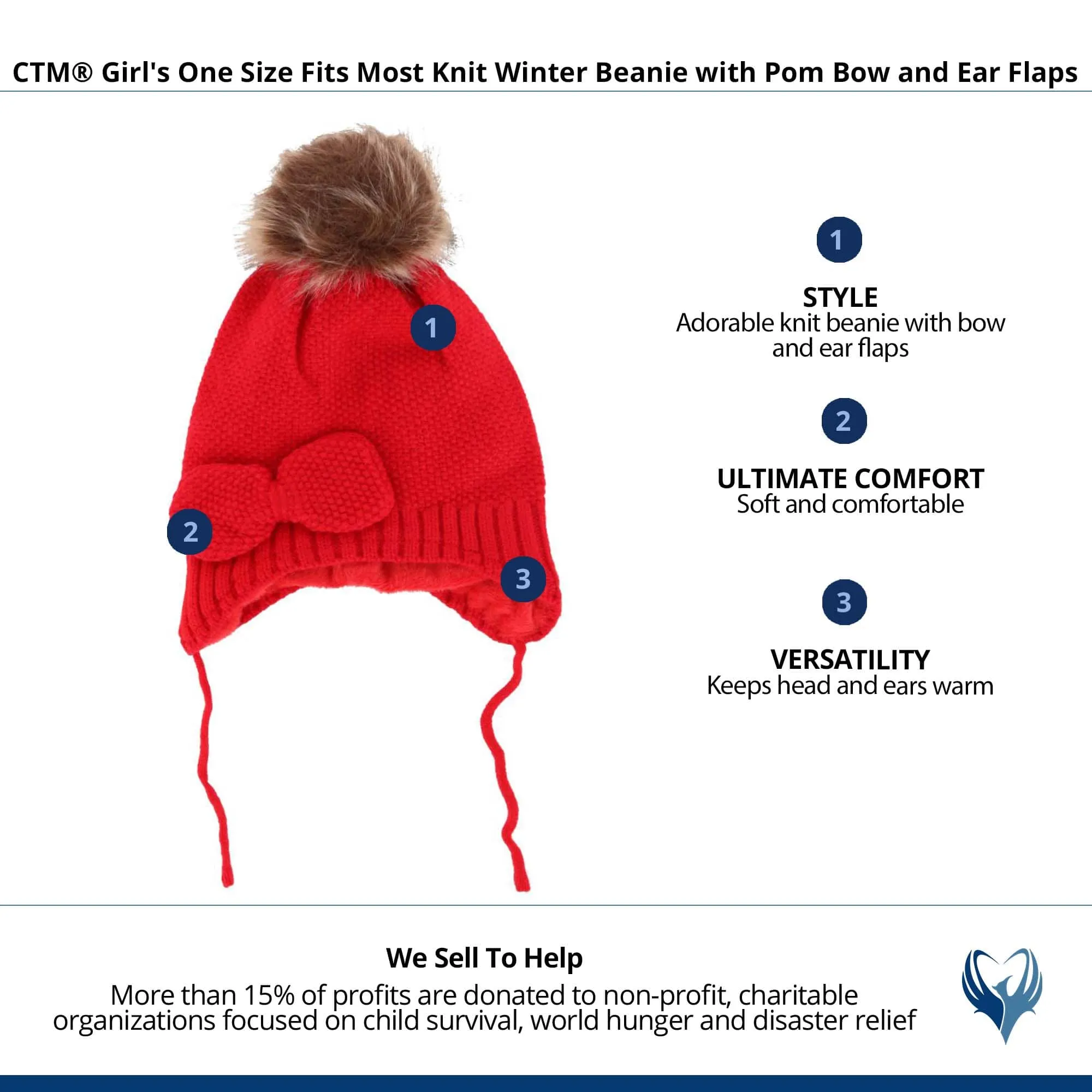 CTM® Girl's One Size Fits Most Knit Winter Beanie with Pom Bow and Ear Flaps