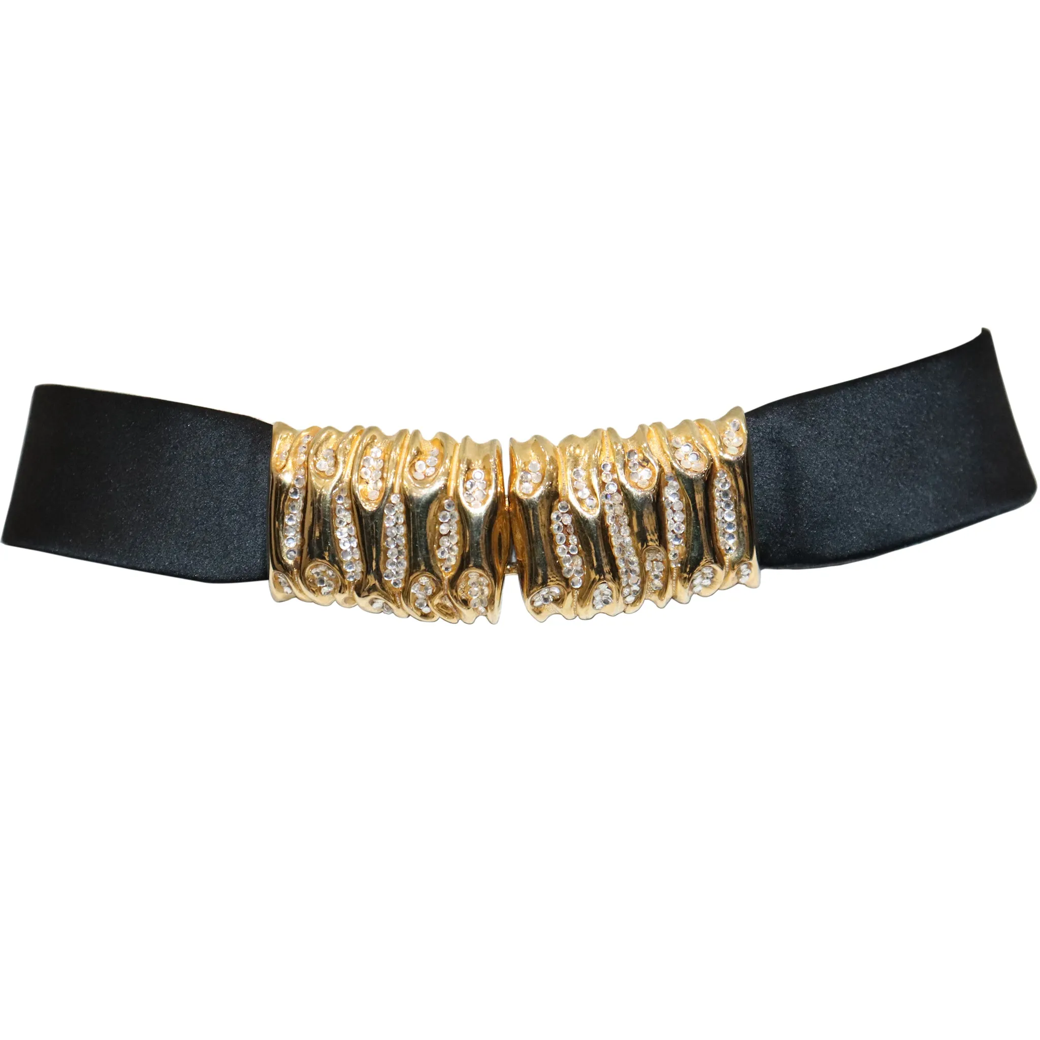 Judith Leiber Black Satin Belt W/ Rhinestone Accents