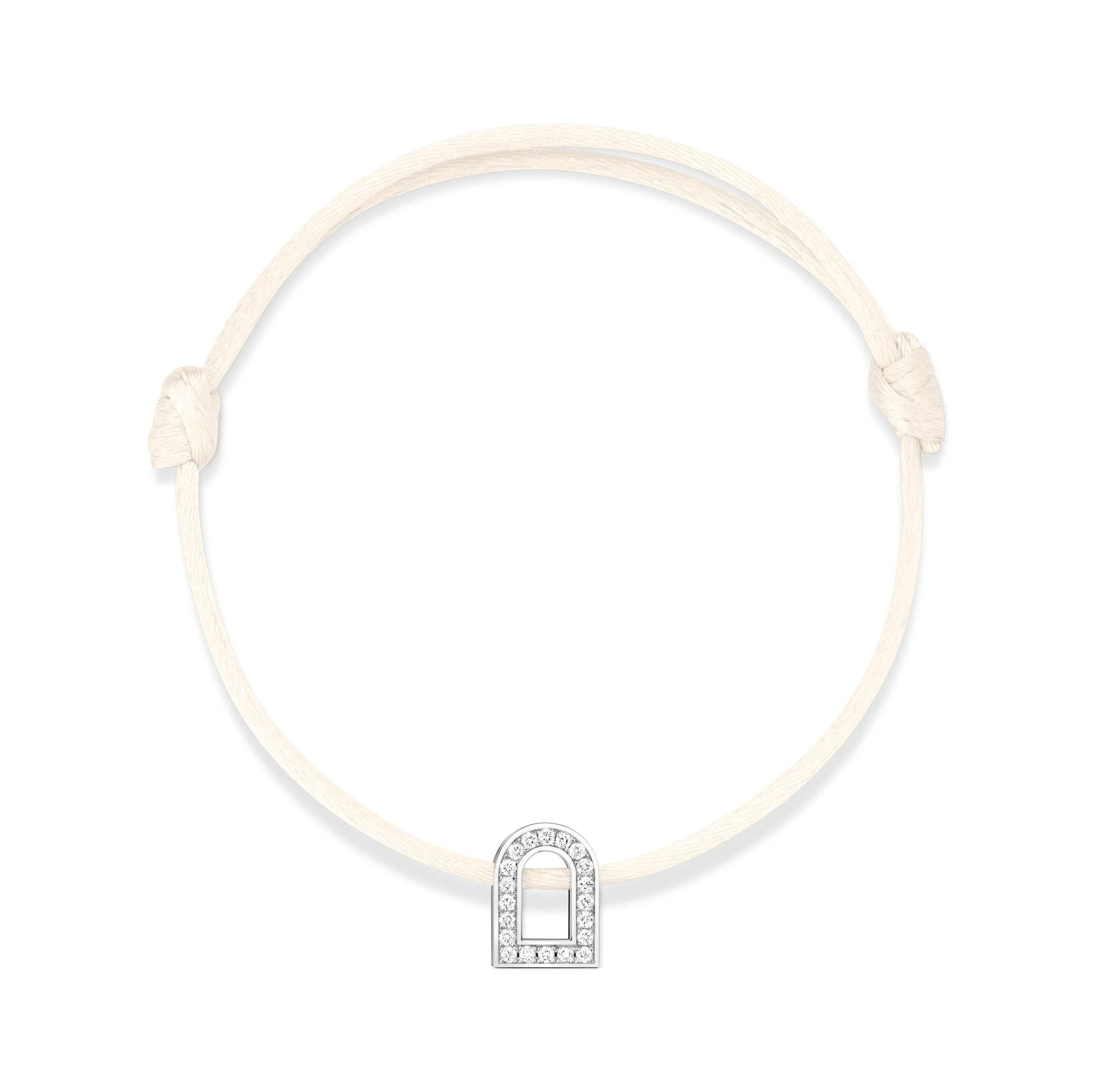 L'Arc Voyage Charm PM, 18k White Gold with Galerie Diamonds on Silk Cord Bracelet