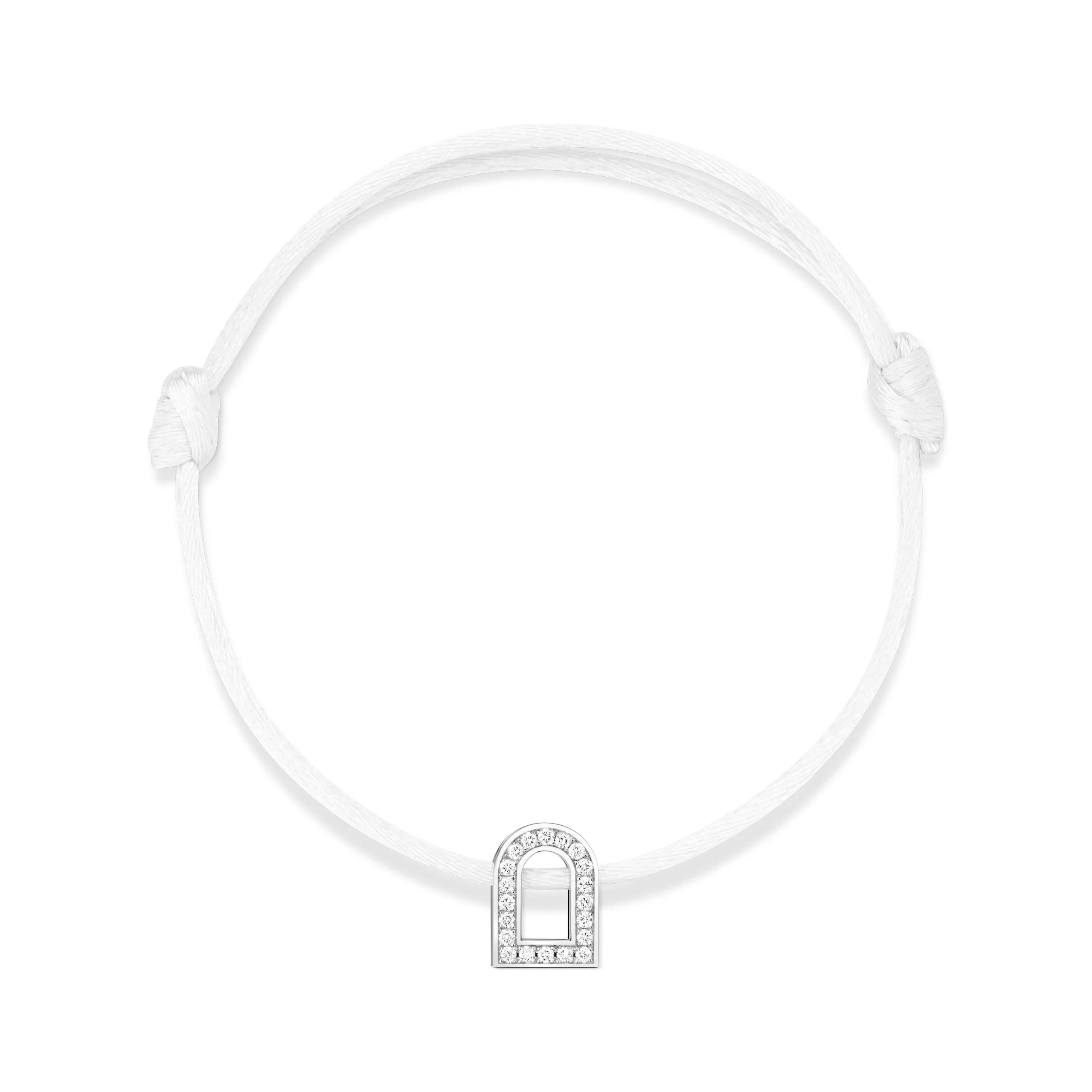 L'Arc Voyage Charm PM, 18k White Gold with Galerie Diamonds on Silk Cord Bracelet