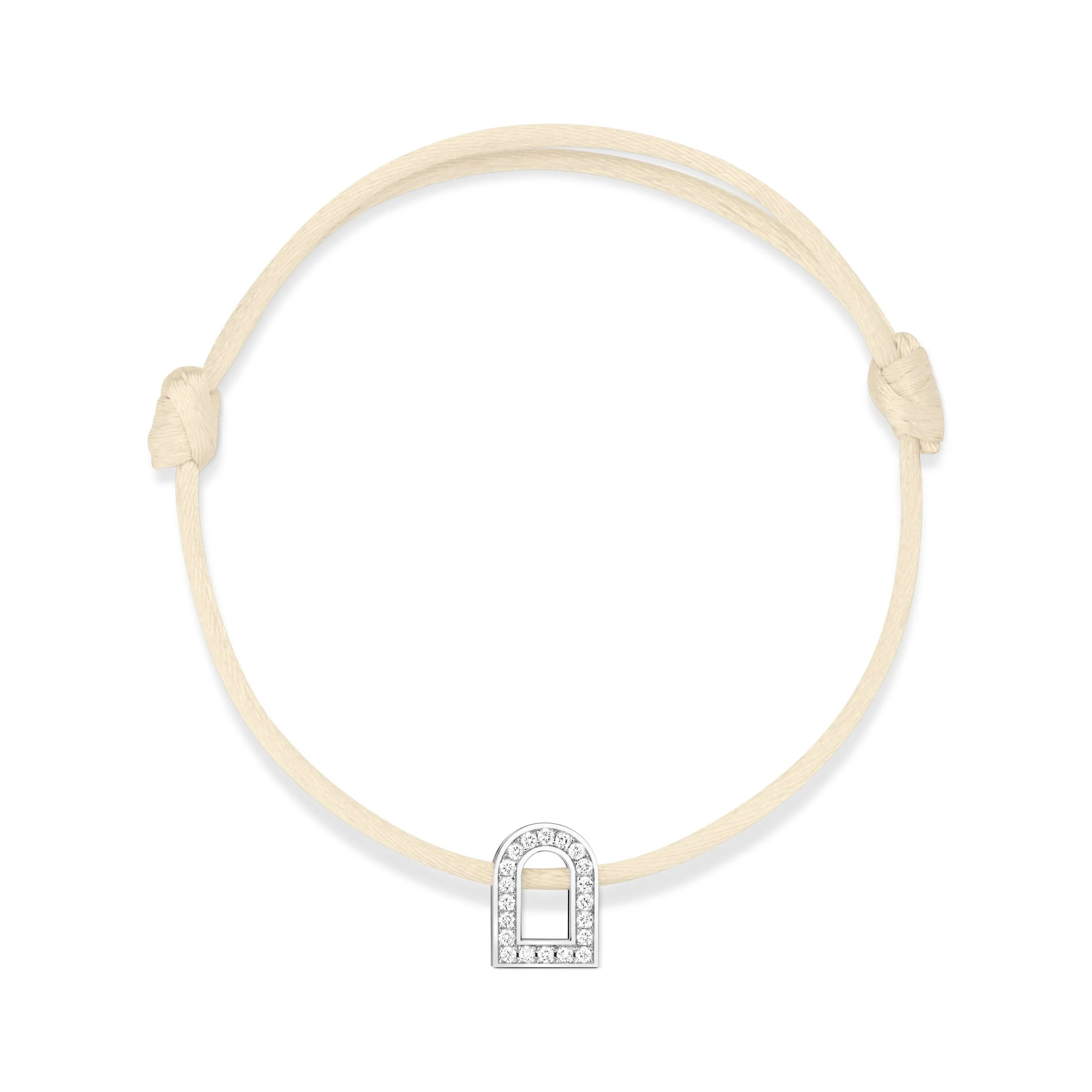 L'Arc Voyage Charm PM, 18k White Gold with Galerie Diamonds on Silk Cord Bracelet