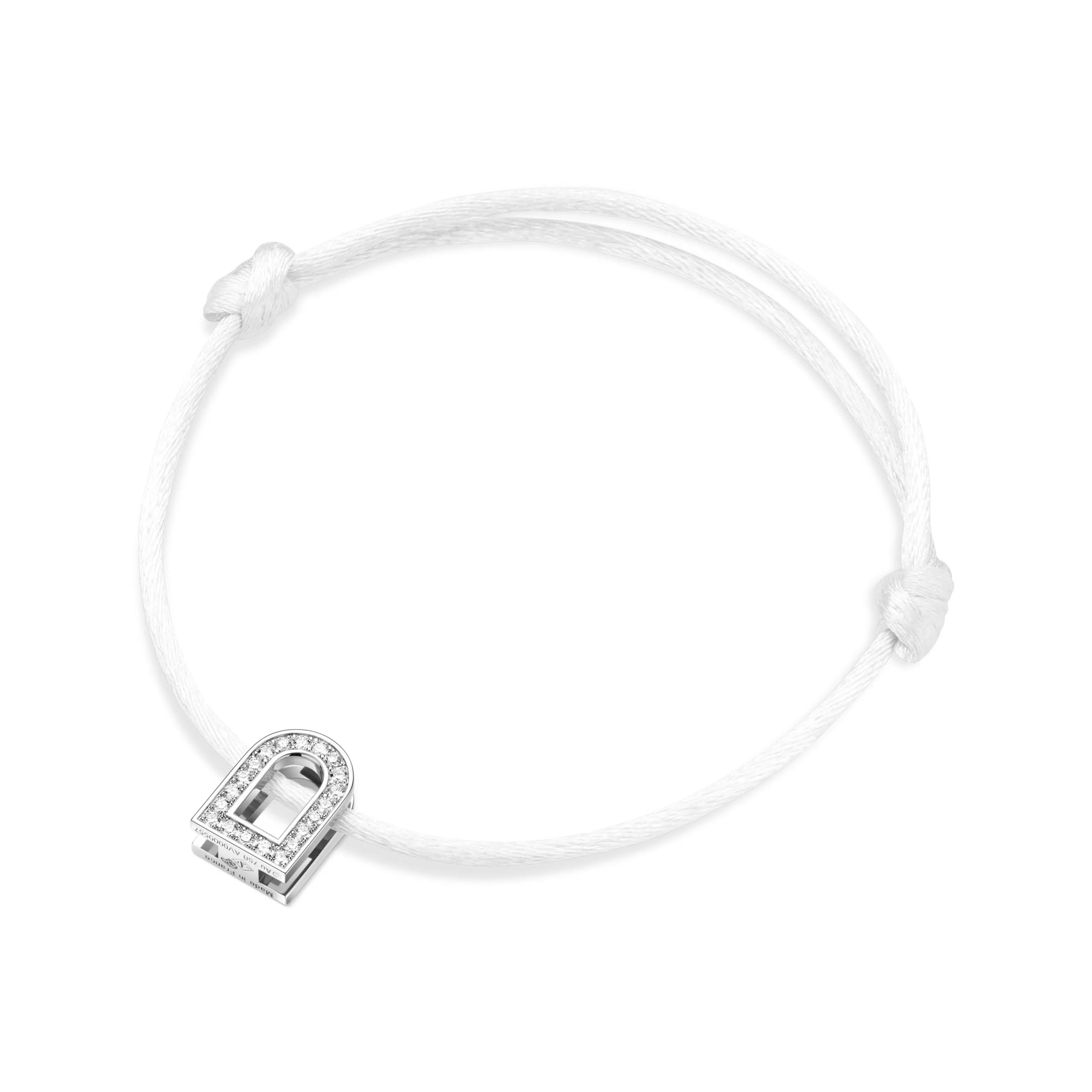 L'Arc Voyage Charm PM, 18k White Gold with Galerie Diamonds on Silk Cord Bracelet