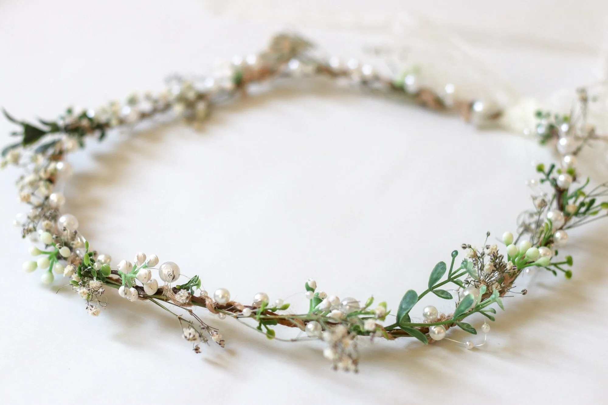 Minimalist Bridal Ivy Crown with Wild Forest Herbs & Pearls, Bridal Hair Boho Weddings, Rustic Weddings, Romantic