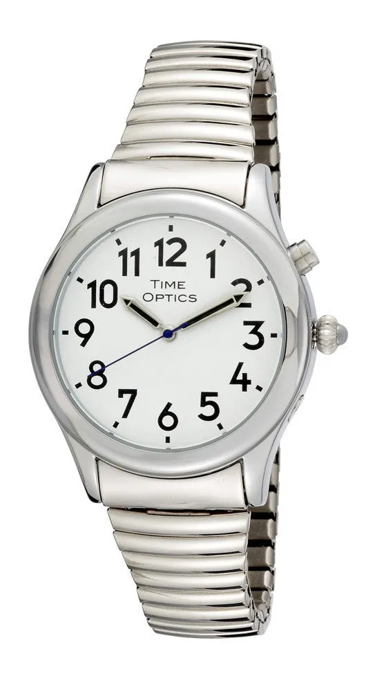 TimeOptics Men's Talking Silver-Tone Day Date Alarm Expansion Bracelet Watch # GWC021ST